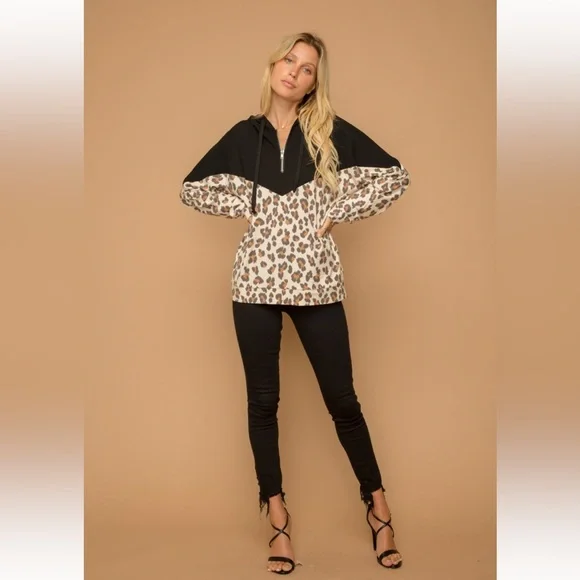 156. Leopard Print Color Block Half Zip Hoodie Black/Taupe NWT - Picture 7 of 8